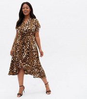 New Look Curves Brown Leopard Print Satin Midi Wrap Dress